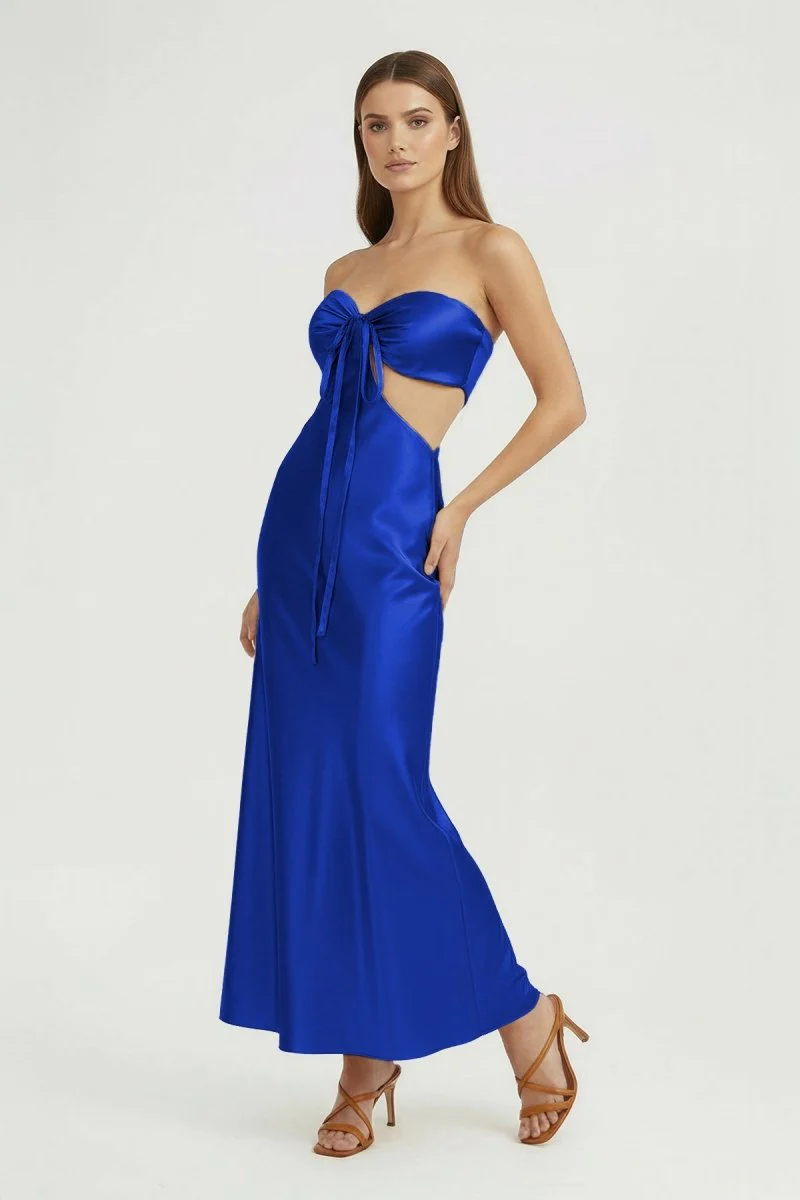 Aqua Strapless Sheath Satin Open Back Prom Dresses With Cutout