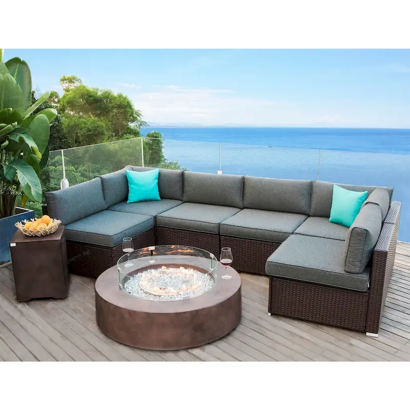 COSIEST 9-piece Outdoor Patio Furniture Sectional Sofa Set w Fire Table Set