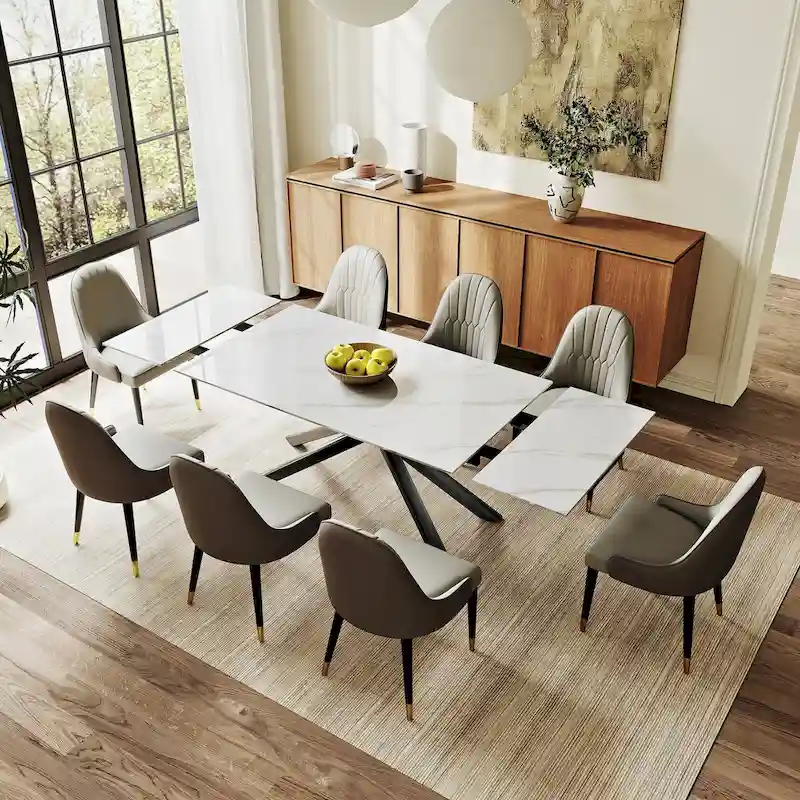 9 - Piece Extendable Rectangular Sintered Stone Cross Legs Dining Set With 8 Chairs