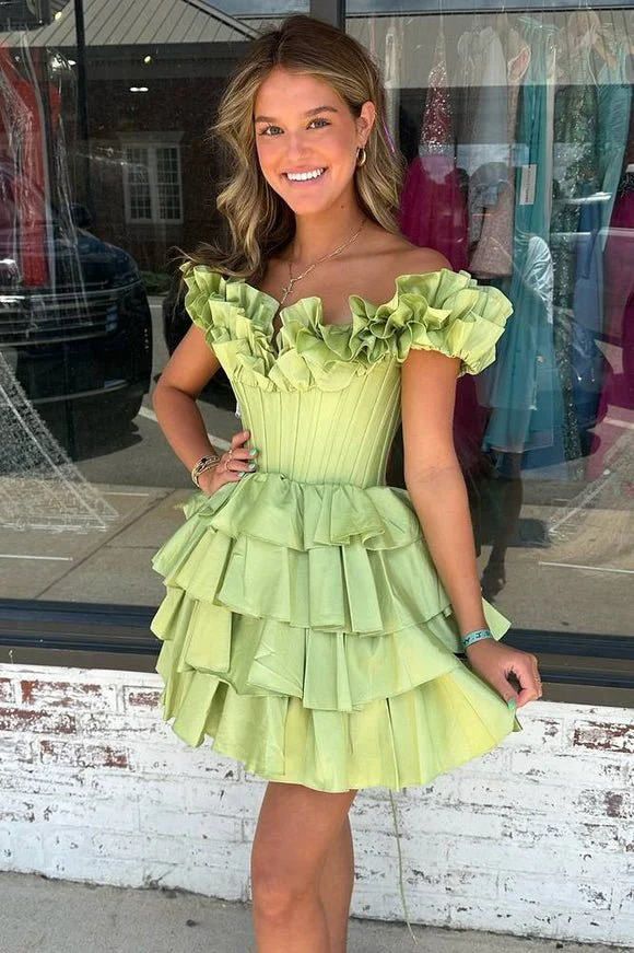 A-Line Off-the-Shoulder Corset Ruffle Tiered Homecoming Dress