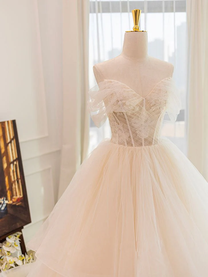 Champagne Tulle Lace Wedding Dress With Sweep Train