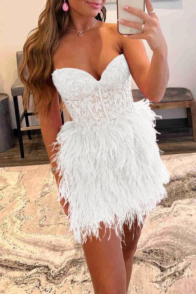 Sheath Sweetheart Lace Feather Skirt Homecoming Dress