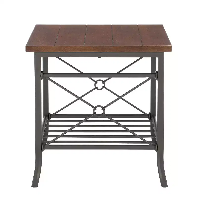 Powell Richie 3pc Coffee and Side Table Set Dark Bronze Finish Metal and Chestnut Vaneer Top: Rectangle Living Room Furniture Set