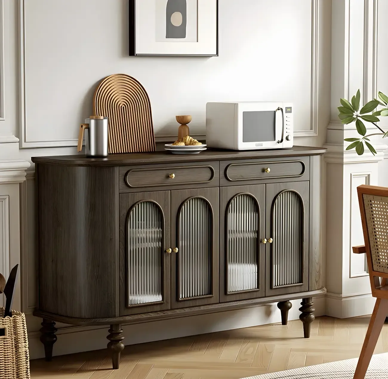 French Country Wooden Buffet Table with Cabinets