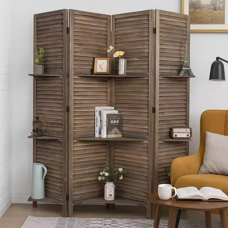 Proman Products Rancho 4 Shelf Panel Folding Screen Room Partition Paulownia Wood: Privacy Screen with Storage, No Assembly