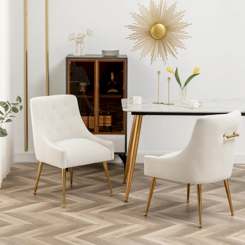 SEYNAR Modern Boucle Velvet Upholstered Accent Dining Chair Set of 2 Tufted Back Armless Chair with Golden Legs