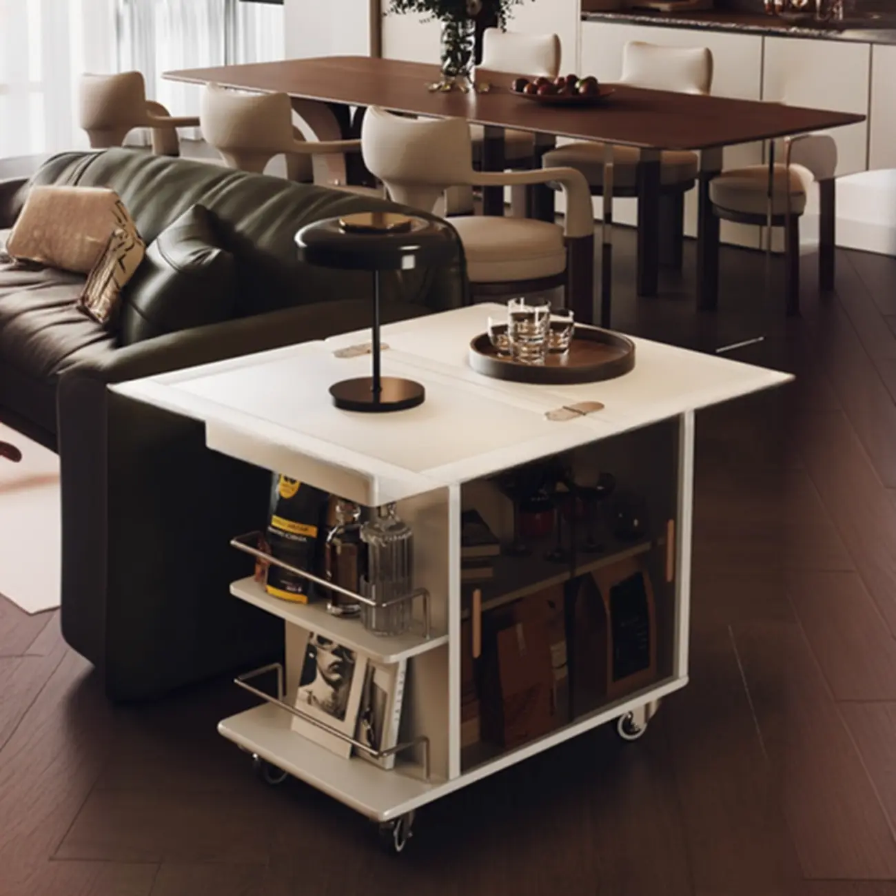 Elegant White Multi-function Wooden Wheel Side Table