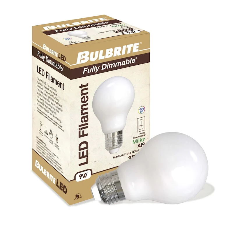 Bulbrite LED Filament Pack of (4) 9 Watt Dimmable A19 Light Bulb with Milky Glass Finish and Medium (E26) Base