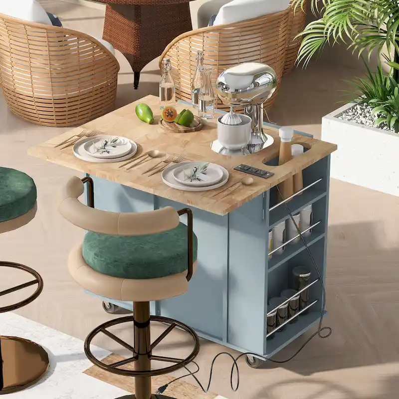 Adjustable Shelves Kitchen Island with Power Outlet and Drop Leaf
