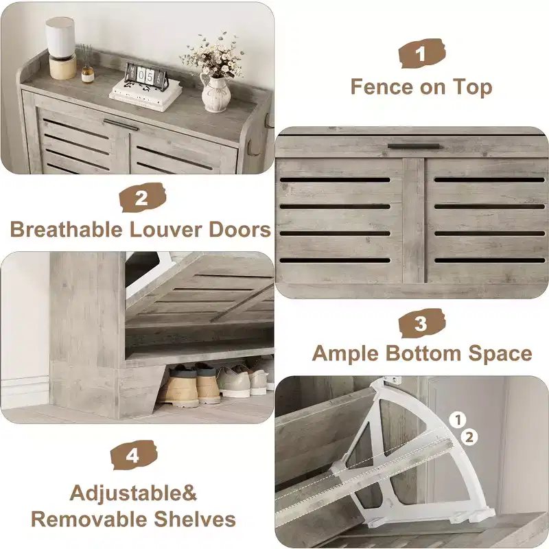 Farmhouse Shoe Cabinet with 2 Flip Down Drawers & 2 Hooks, Narrow Wood Hallway Cabinet for Small Spaces, Apartments,
