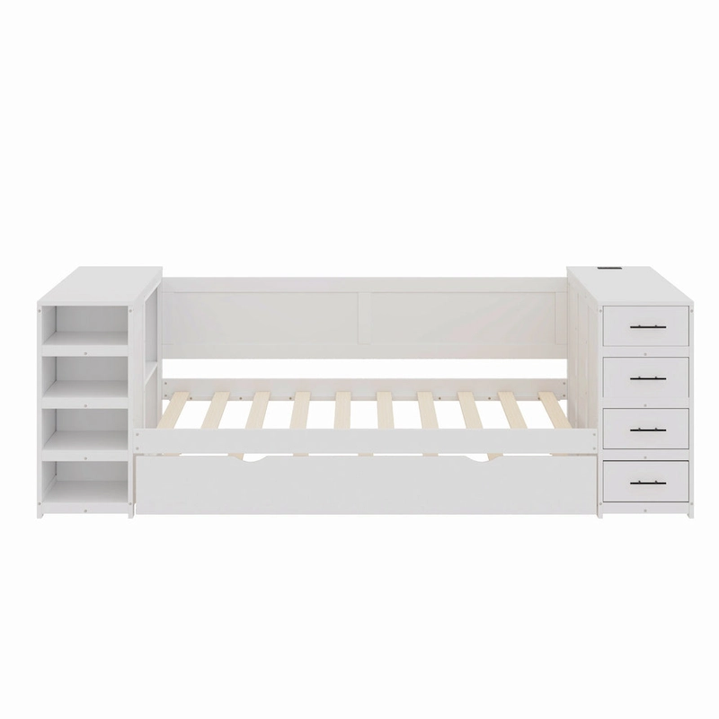 Twin Daybed with Trundle or Drawers, Side Storage Cabinet on Both Sides, Charging Station - Wood Slat Suppor Platform Bed Frame