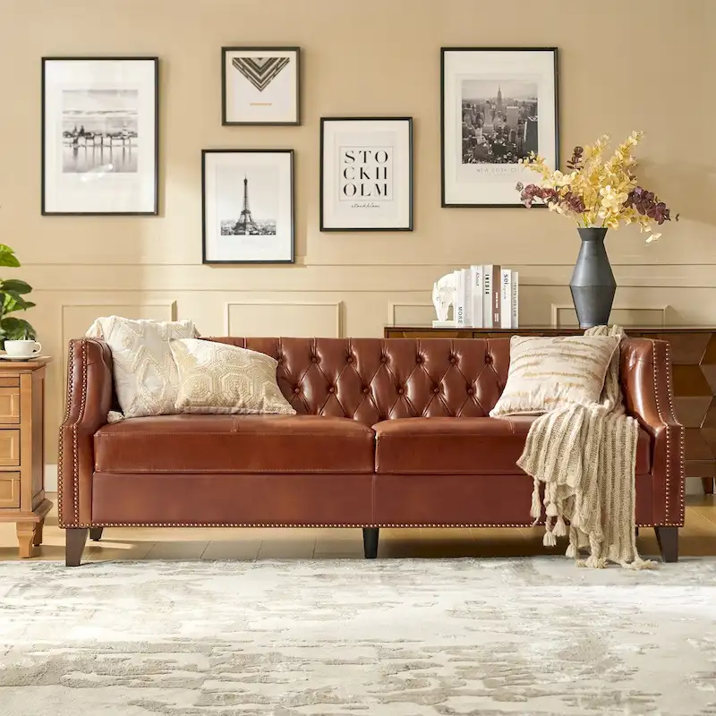 Transitional Genuine Leather Tufted Design Sofa with Solid Wood Legs