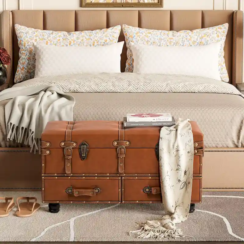 Vintage Storage Ottoman Bench with Latch Closure