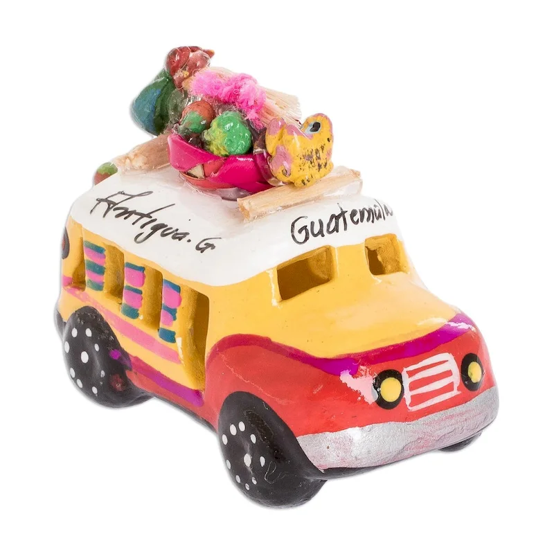 Novica Handmade Petite Old Time Market Bus Mini Ceramic Sculpture