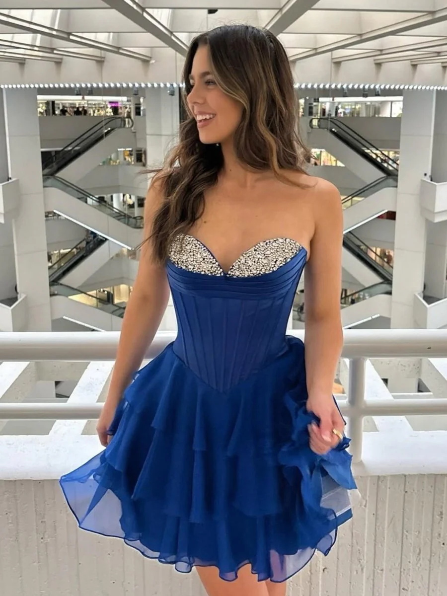 Royal Blue - Strapless A Line Ruffles Homecoming Dress With Beading