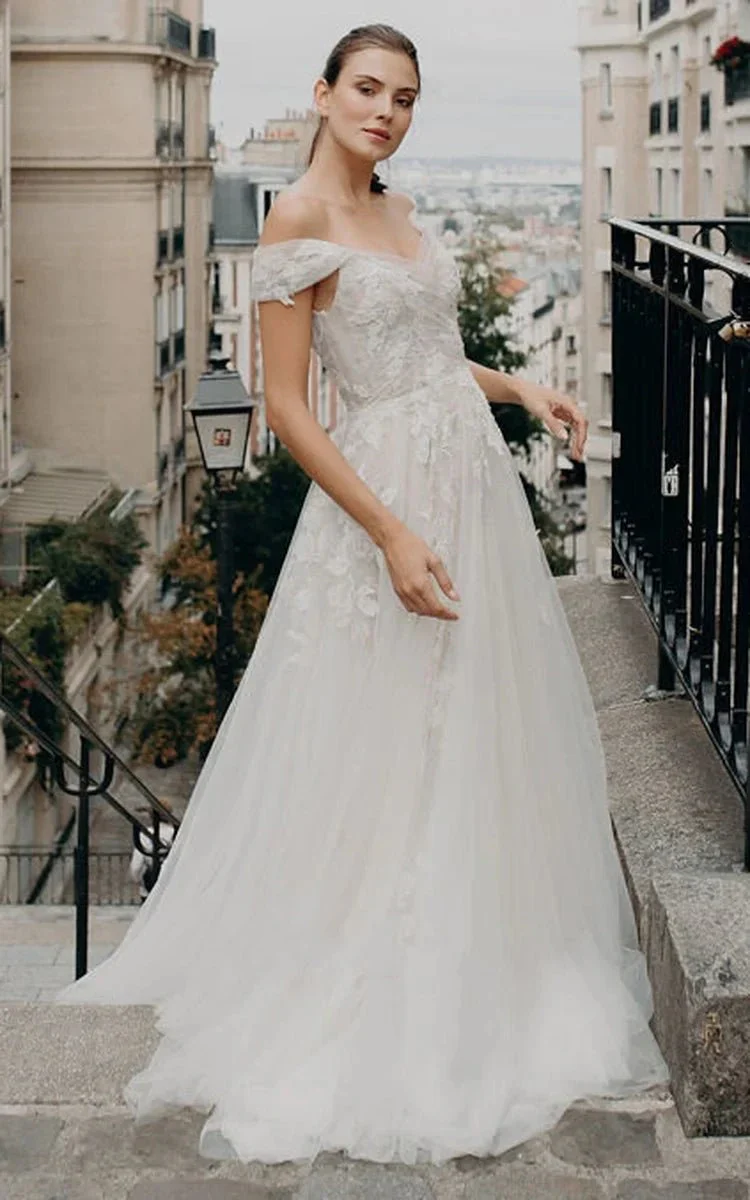 Bohemian Tulle Short Sleeve Brush Train A Line Off-the-shoulder Wedding Dress with Appliques