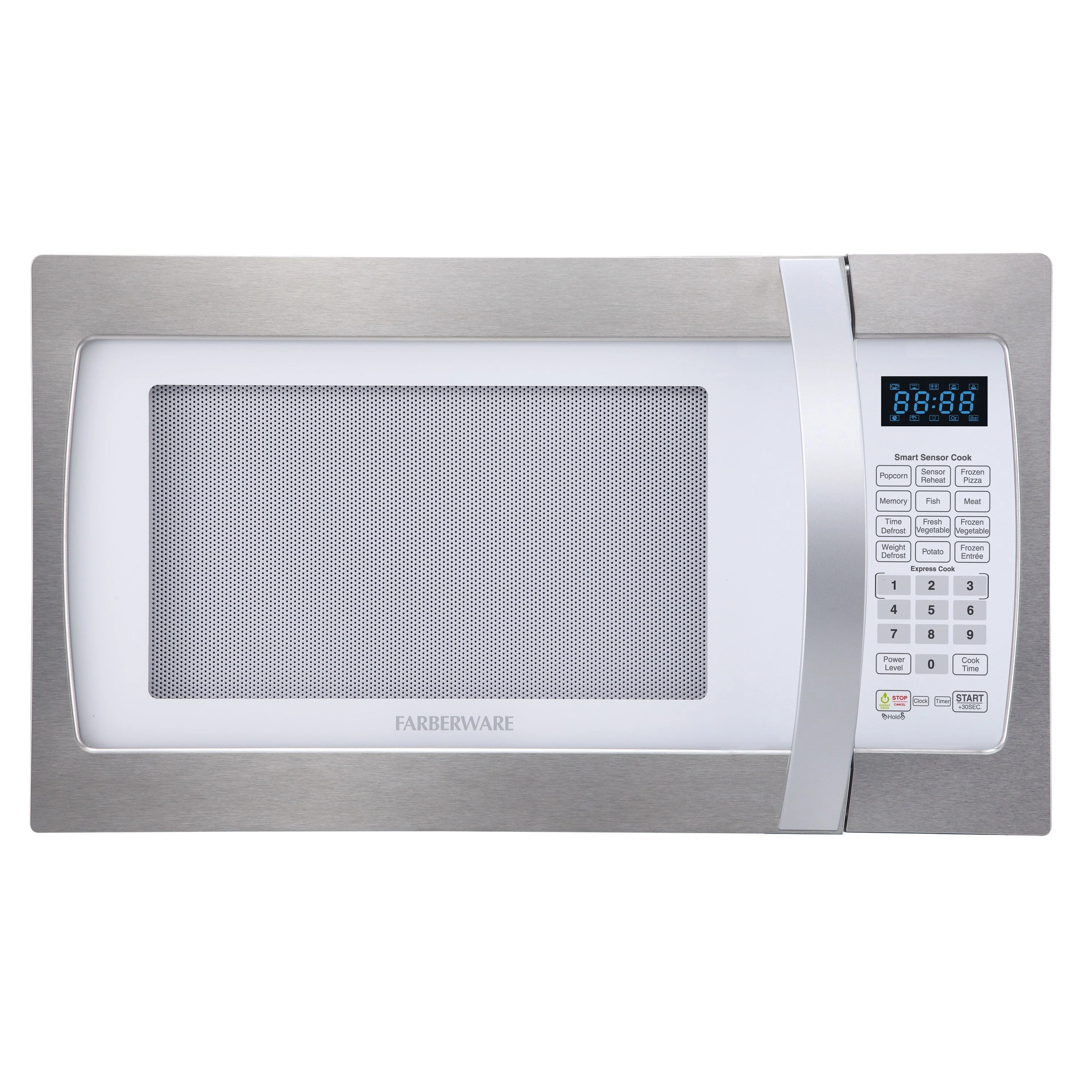 Farberware Professional 1.3 Cu. Ft. 1100-Watt Microwave Oven with Smart Sensor Cooking, White and Platinum