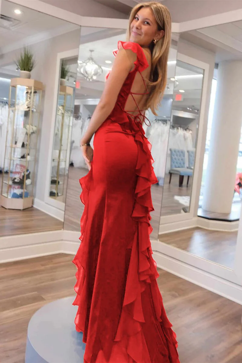 Emerald Green Square Neck Ruffle Slit Prom Dress