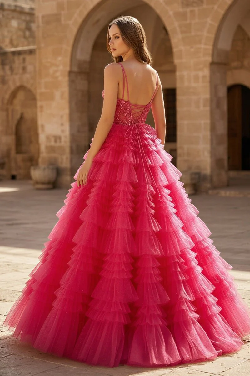 Lace Applique Tiered Ruffles Tulle Long Prom Dress