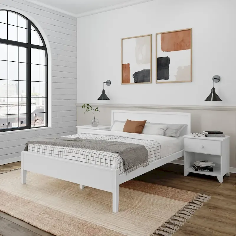 Modern Pine Wood Queen Bed Frame with Panel Headboard – Clay / White / Grey, Sleeps 2