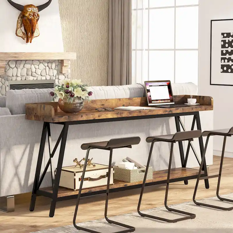 70.9 inch Long Entryway Table, Narrow Sofa Console Table Behind Couch Brown
