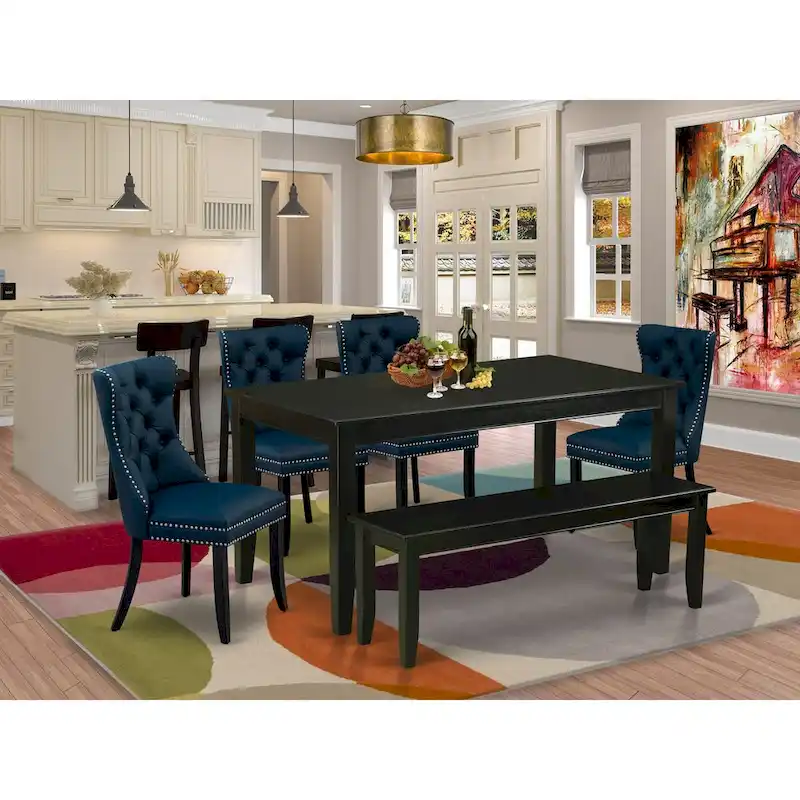 East West Furniture Kitchen Table Set Contains a Rectangle Dining Table and Upholstered Chairs, Black (Pieces Options)
