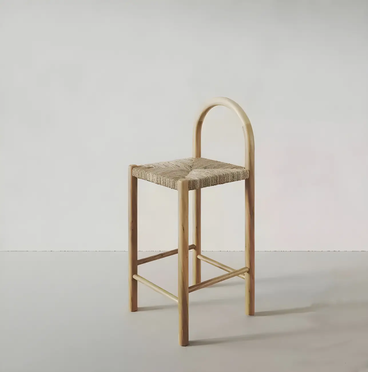 Rustic Wood Natural Rattan Bar Stool with Footrest