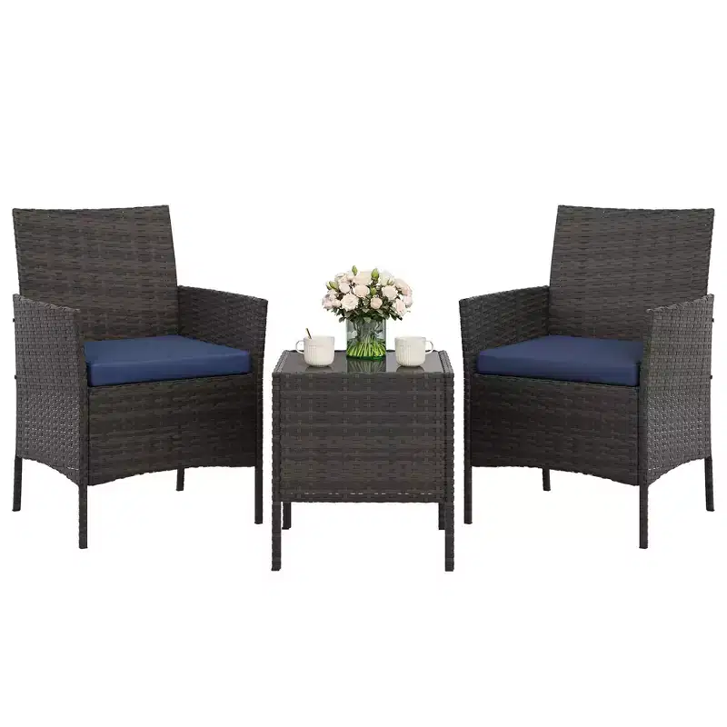 3-Piece Outdoor Patio [Bistro/Bar] Set  PE Rattan Wicker, Tempered Glass Table, Cushioned Chairs  for Garden, Porch, Poolside