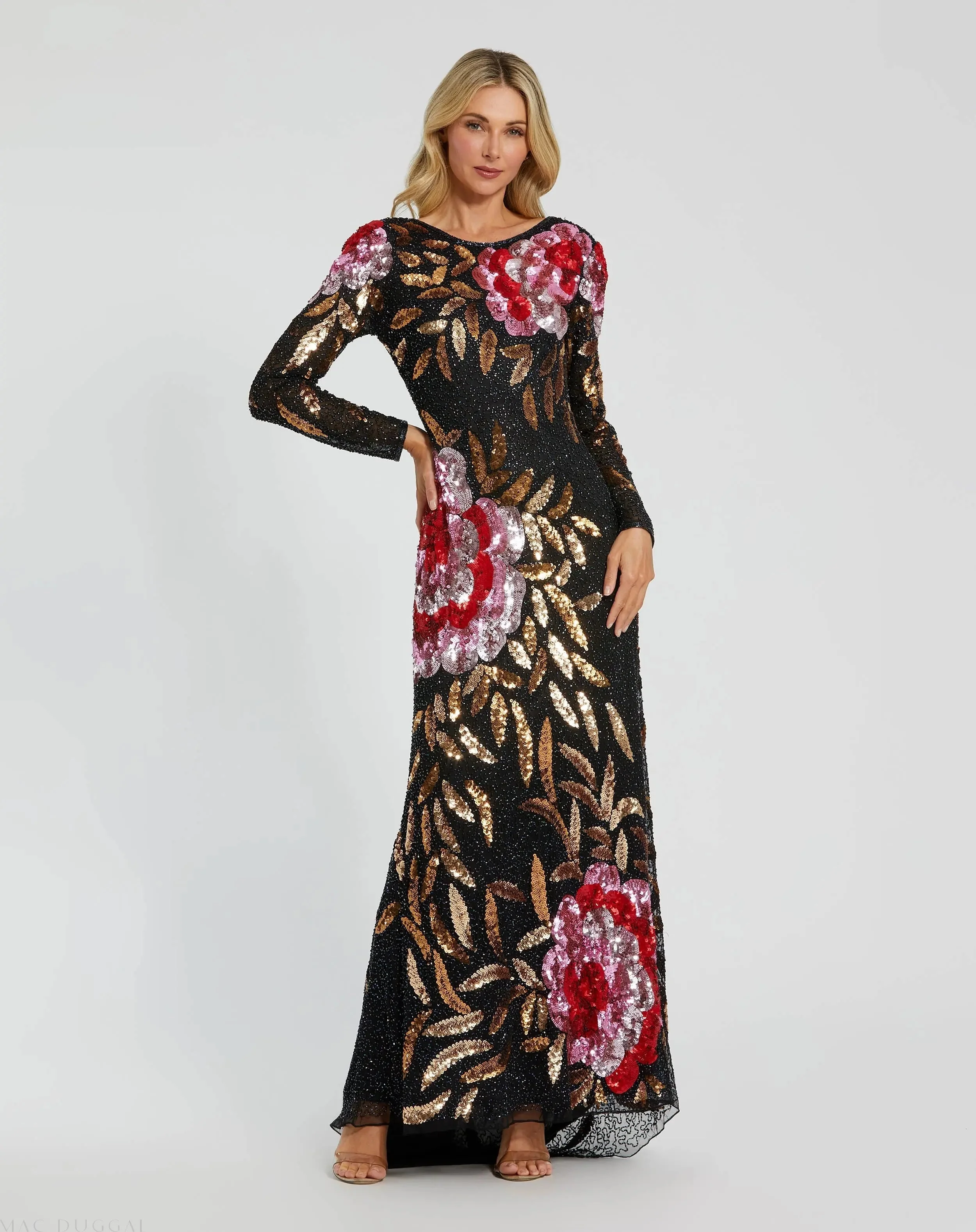 Black Embellished Floral Long Sleeve Gown