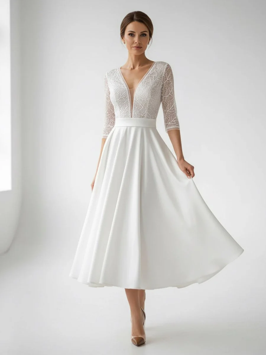 Satin V-neck A Line Tea-length Wedding Dress with Ruching and Sash