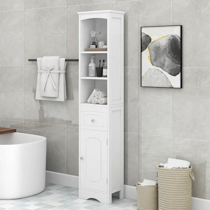 67  Tall Bathroom Storage Cabinet, Modern Narrow Display Cupboard Stand with Drawer and Adjustable Shelf