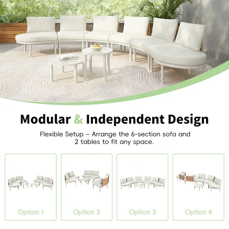 Elegant 8-Piece Modular Half Moon Patio Sofa Set with High-Low Coffee Tables