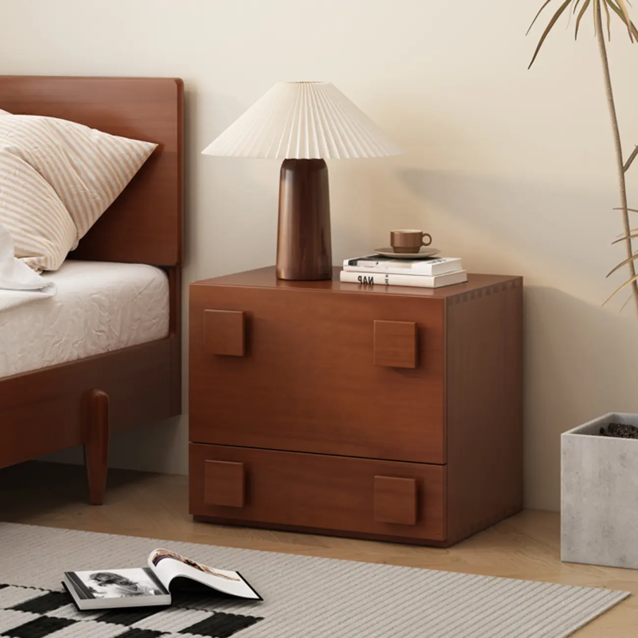 Cubical Solid Wood Double Drawer Nightstand in Nut-Brown