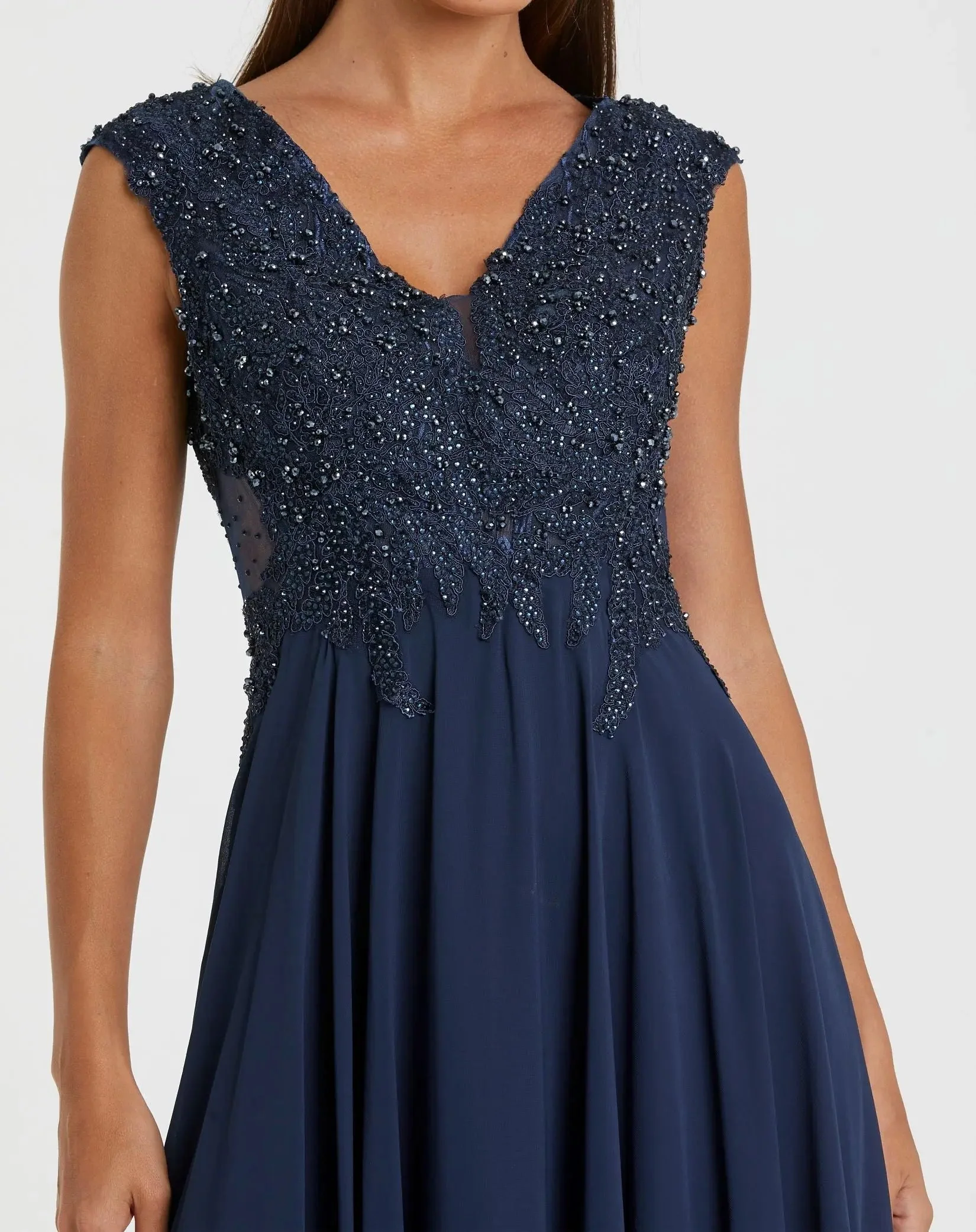 Navy Applique Cap Sleeve Bodice Flowy Gown