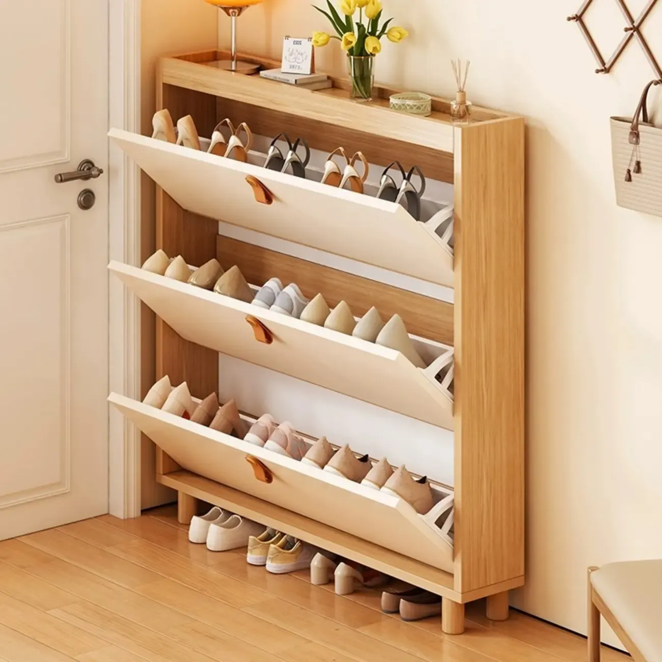 Natural Narrow Drop Front Shoe Cabinet with Doors