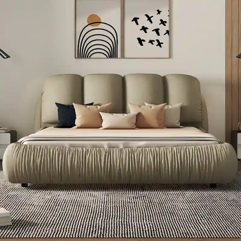 Queen Size Upholstered Bed with Thick Padded Headboard – Stone Gray/Beige/Gray/White