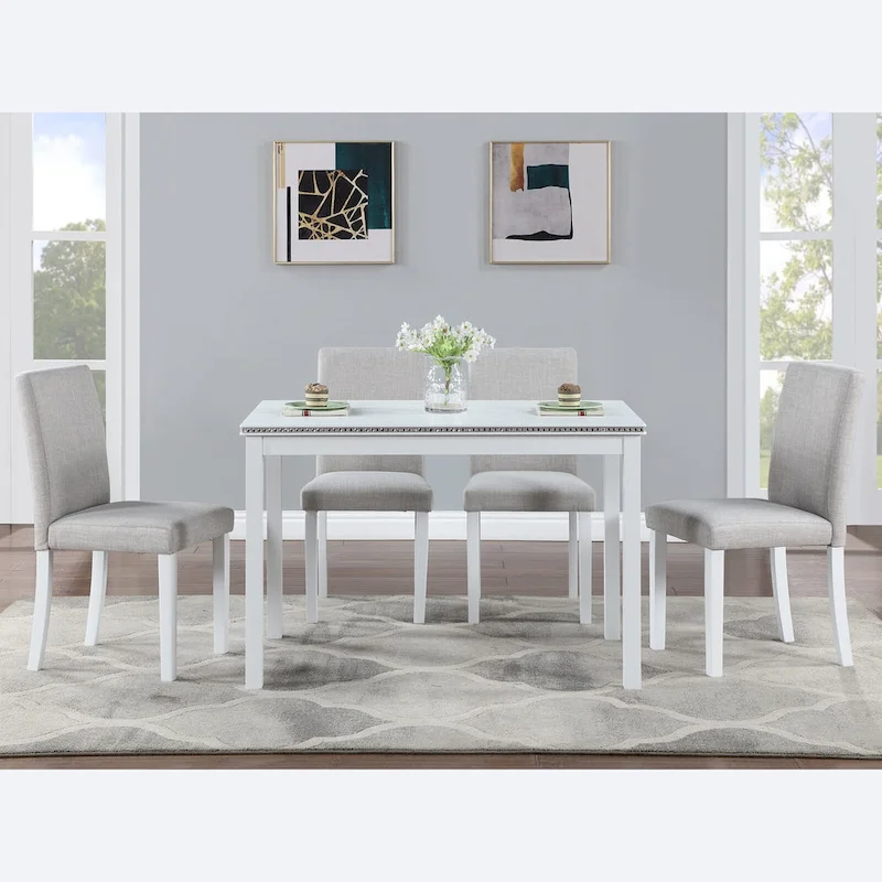 Wooden Dining Table with Rectangular Top and 4 Upholstered Chairs