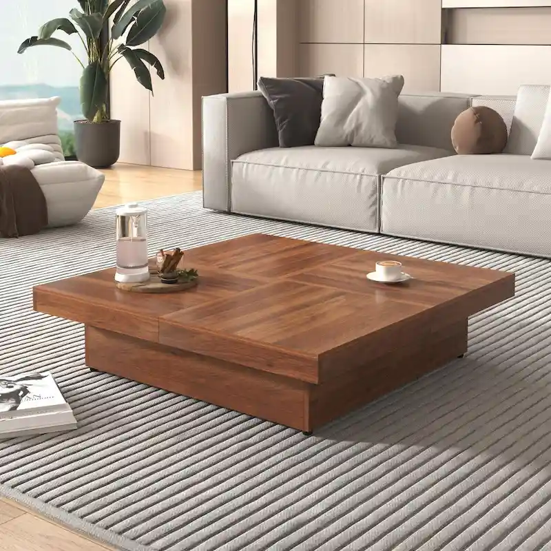 Square Coffee Table with Sliding Top Storage, Walnut/White, 1 Piece