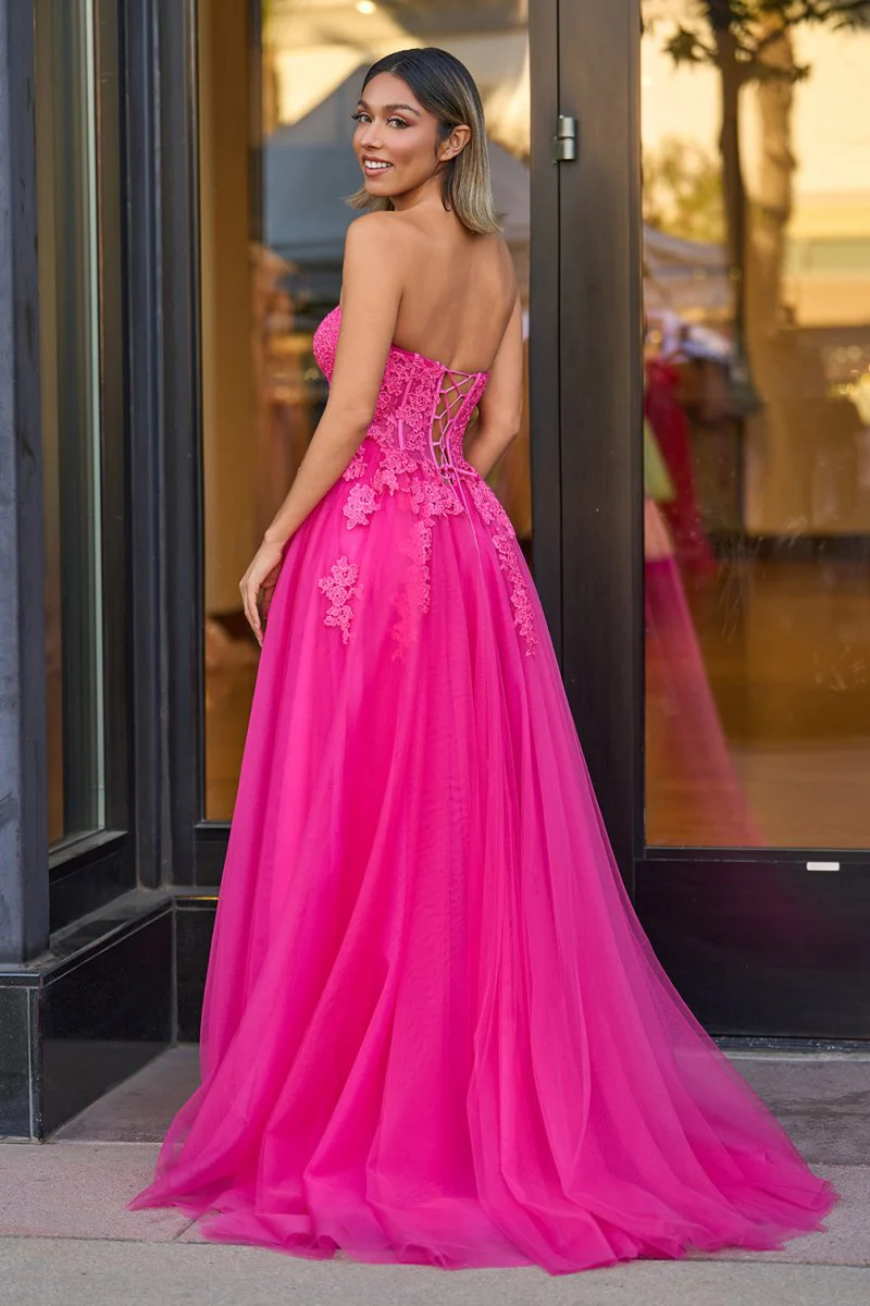 A-Line Hot Pink Tulle Lace StraplessLong Prom Dress