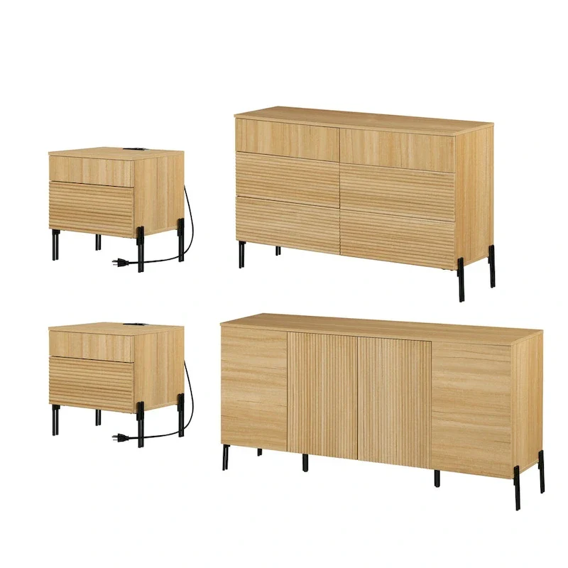 4-Piece Bedroom Furniture Set, 47 Fluted 6 Drawer Dresser, 61 Buffet Sideboard, 2 Nightstand with Charging Station, Oak