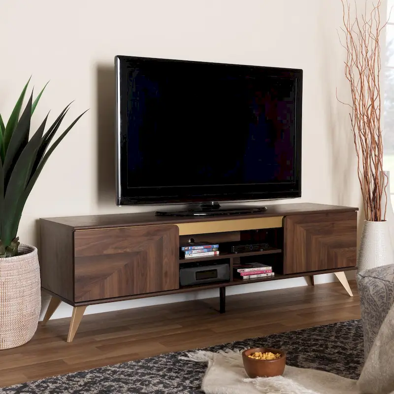 Mid-Century Modern Transitional Walnut Brown Finished Wood 2-Door TV Stand