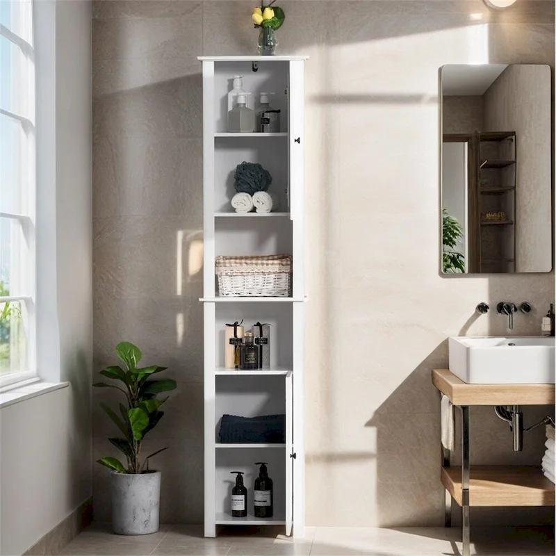 Tall Bathroom Storage Cabinet,Freestanding Linen Tower w/2-Tier Shelf