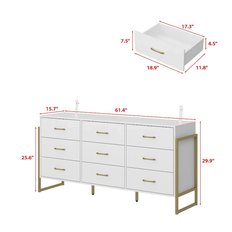 61.4W Modern Black Dresser with 9 Spacious Drawers - Gold Handles