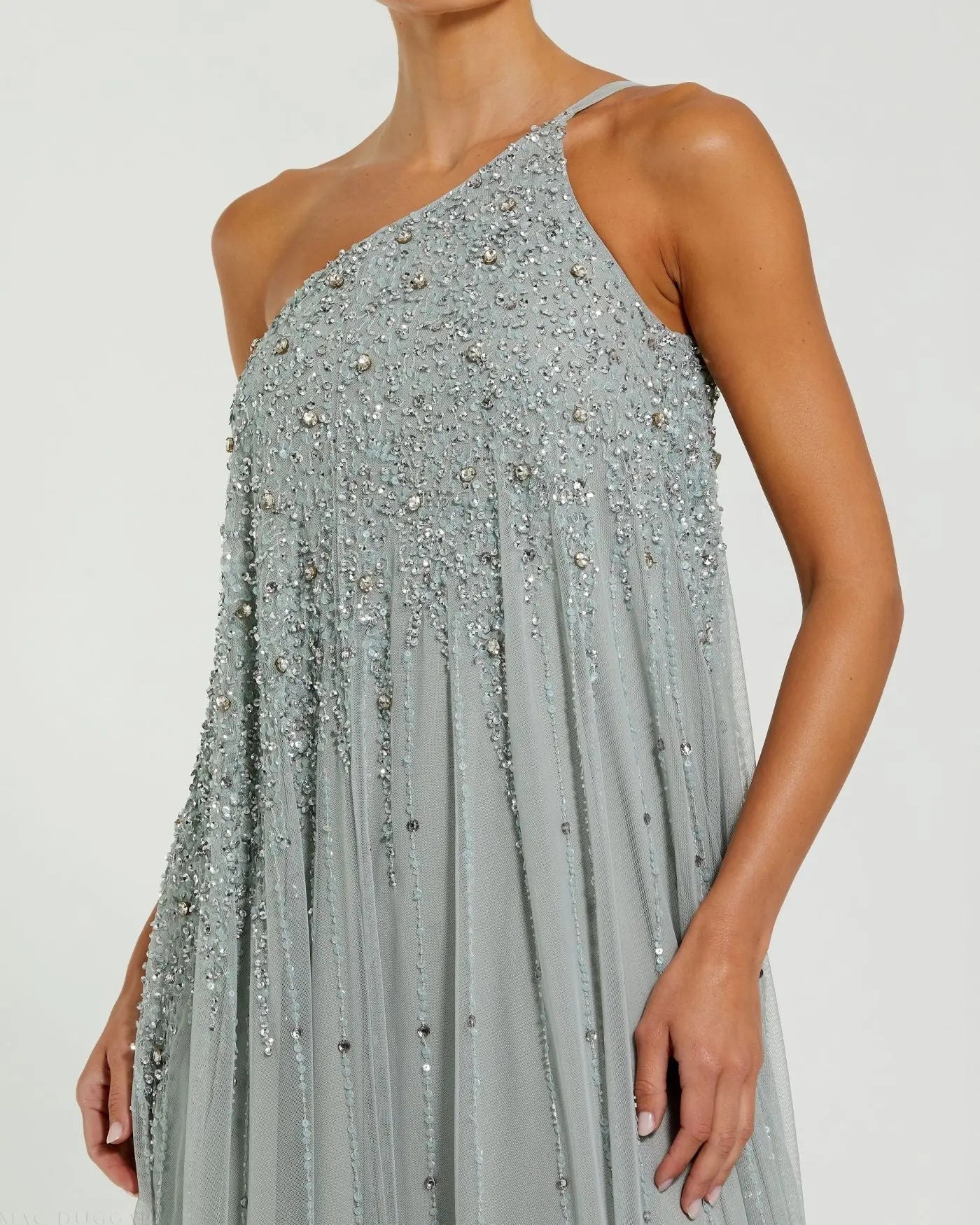 Green One Shoulder Embellished Trapeze A Line Gown