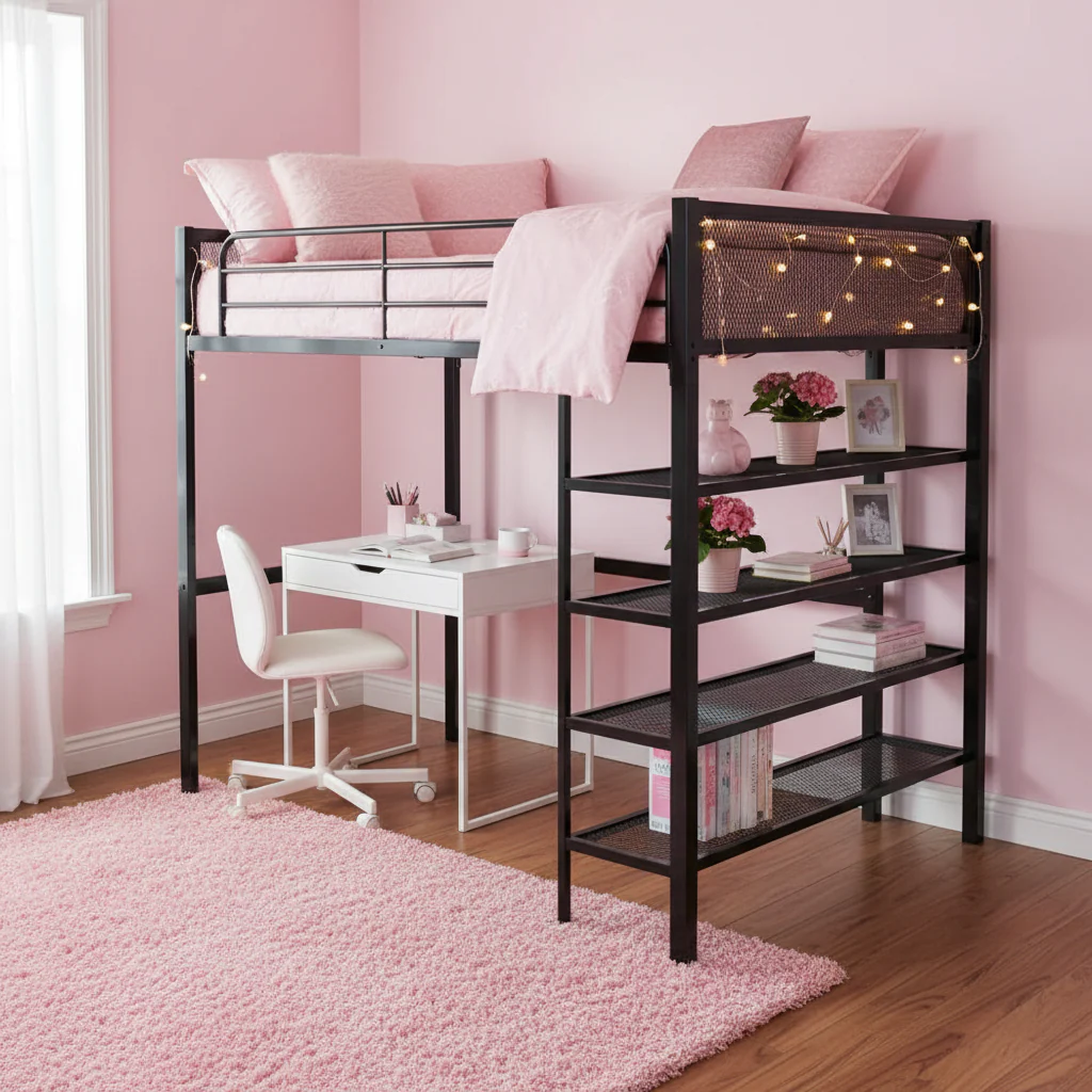 Black Full Metal Loft Bed with Storage Shelves