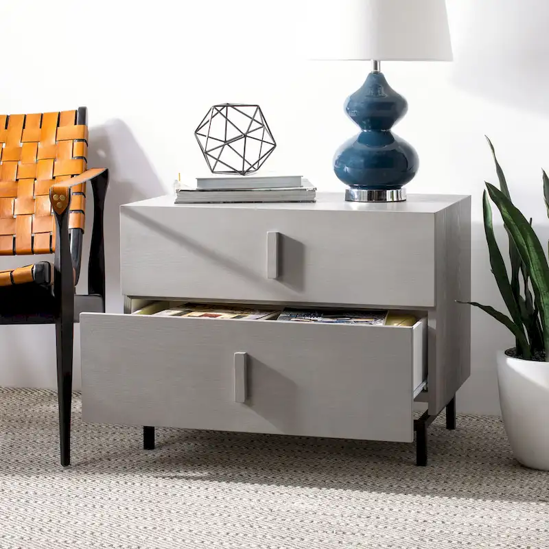 Grey / Black 2-Drawer Grey Washed Wood Storage Cabinet with Black Iron Frame