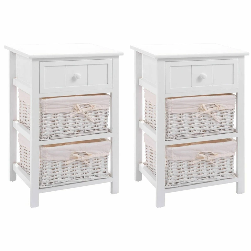 3 Layer Set of 2 Wooden Bedside End Table with 2 Wicker Baskets and 1 Drawer - 16 x 12 x 25(L x W x H)