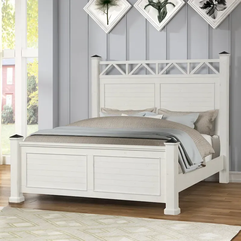 Antique White Finish Wood Panel Bed - Queen & King Size