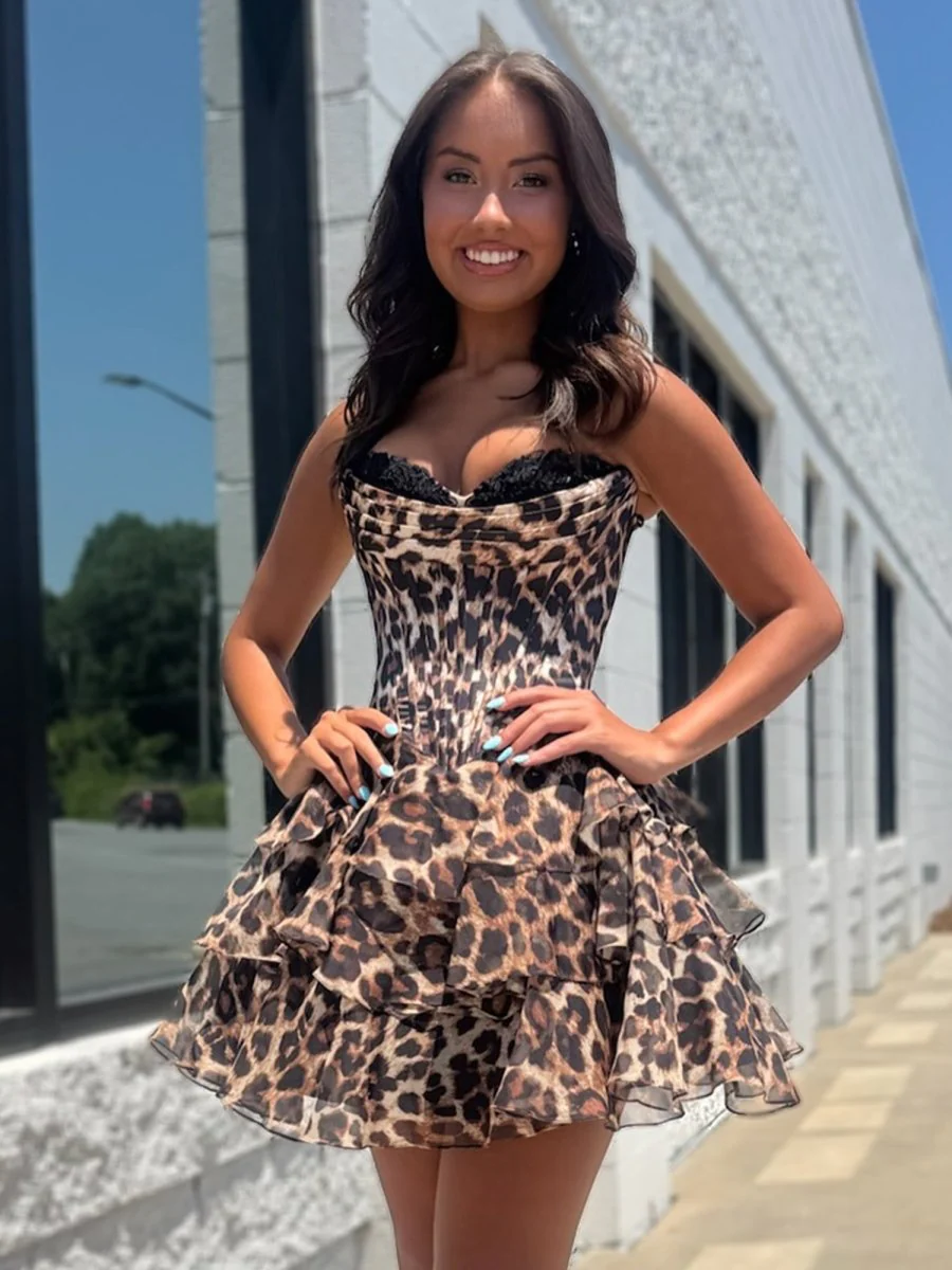 Leopard - Strapless Leopard Print Chiffon A Line Homecoming Dress With Beading