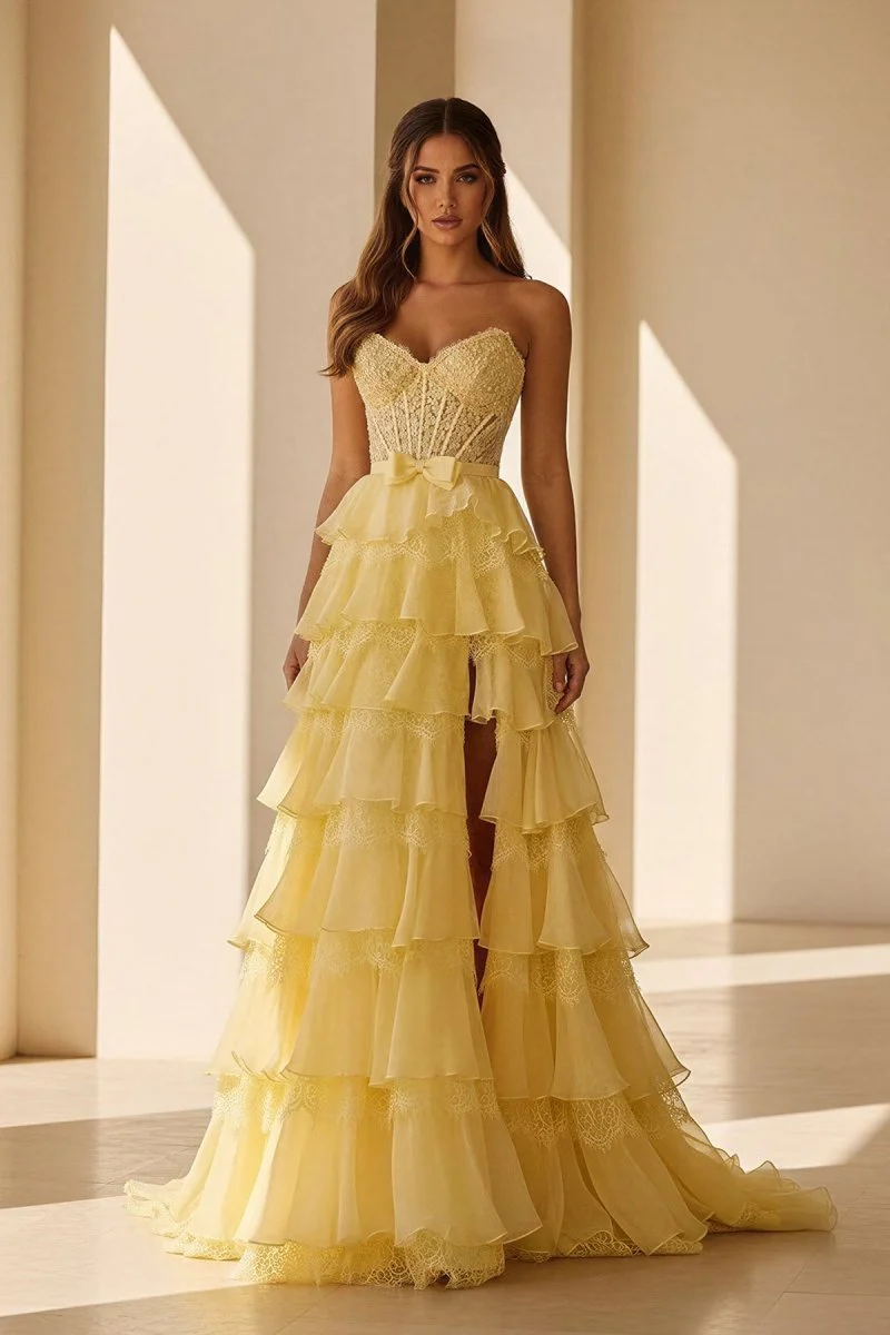 Yellow - Strapless A Line Chiffon Tiered Prom Dresses With Bow